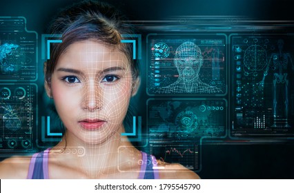 Facial Recognition System Concept With Asian Women Using Face Detection And Recognition Technology Scanning Interface.