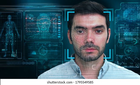 Facial Recognition System Concept With Asian Man Using Face Detection And Recognition Technology Scanning Interface.                    