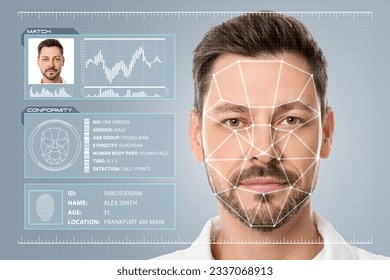Facial recognition system. Man with digital biometric grid and personal data on grey background