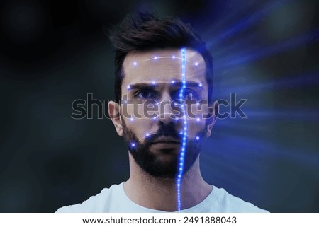 Facial recognition system. Scanning man's face for authentication