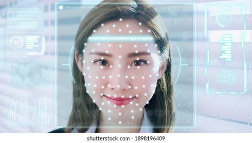 Facial Recognition Technology Concept - Slow Motion Of Asian Business Woman Smile To You