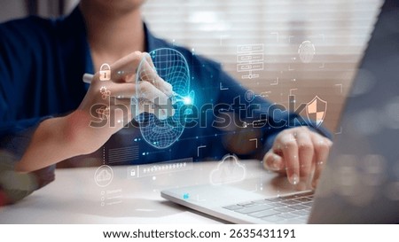 Facial recognition technology for cybersecurity authentication. Secure login using AI biometric scanning and a futuristic interface, enhancing digital identity protection and privacy.