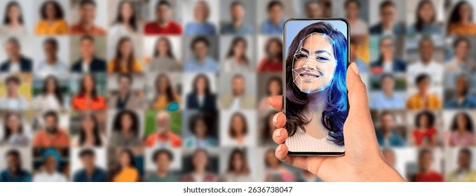 Facial recognition technology displayed on smartphone against crowd background