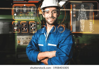 Facial recognition technology for industry worker to access machine control . Future concept interface showing digital biometric security system that analyze human face to verify personal data .