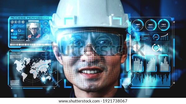 Facial recognition technology for industry worker to
access machine control . Future concept interface showing digital
biometric security system that analyze human face to verify
personal data .