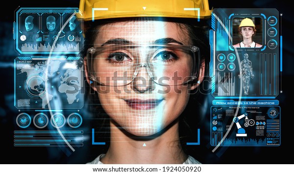 Facial recognition technology for industry worker to\
access machine control . Future concept interface showing digital\
biometric security system that analyze human face to verify\
personal data .