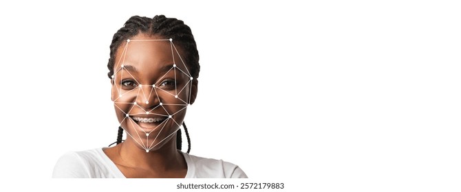 Facial recognition technology maps the features of a smiling person, displaying a joyful expression against a clean, blank background. The subject exudes positivity and engagement.