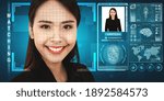Facial recognition technology scan and detect people face for identification . Future concept interface showing digital biometric security system that analyze human face to verify personal data .