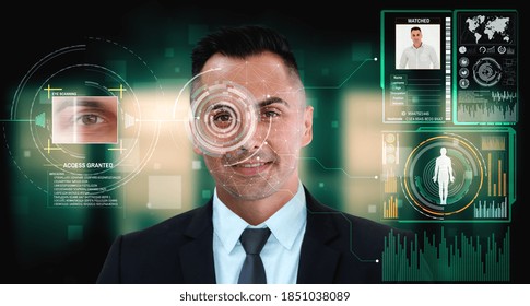 Facial recognition technology scan and detect people face for identification . Future concept interface showing digital biometric security system that analyze human face to verify personal data .