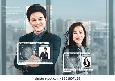 Facial recognition technology scan and detect people face for identification . Future concept interface showing digital biometric security system that analyze human face to verify personal data .