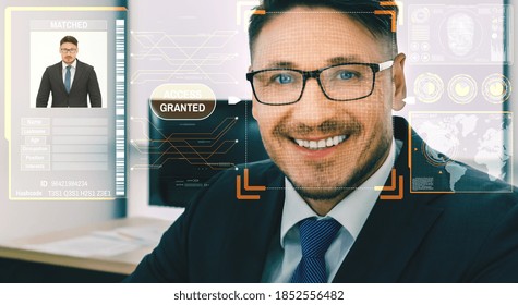 Facial recognition technology scan and detect people face for identification . Future concept interface showing digital biometric security system that analyze human face to verify personal data .