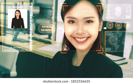 Facial recognition technology scan and detect people face for identification . Future concept interface showing digital biometric security system that analyze human face to verify personal data .