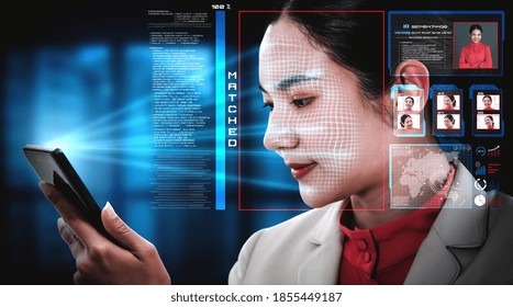Facial recognition technology scan and detect people face for identification . Future concept interface showing digital biometric security system that analyze human face to verify personal data .