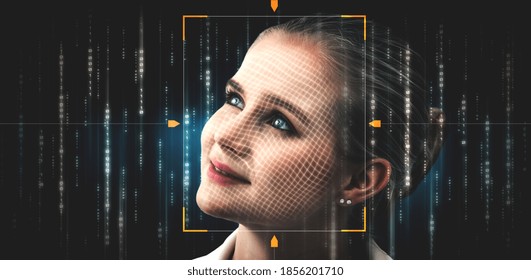 Facial Recognition Technology Scan And Detect People Face For Identification . Future Concept Interface Showing Digital Biometric Security System That Analyze Human Face To Verify Personal Data .