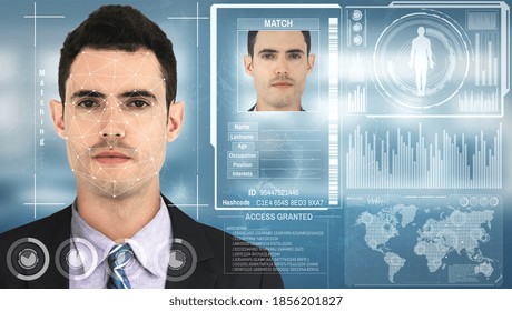 Facial recognition technology scan and detect people face for identification . Future concept interface showing digital biometric security system that analyze human face to verify personal data . - Powered by Shutterstock - Get 15% off with code: PIKWIZARD15
