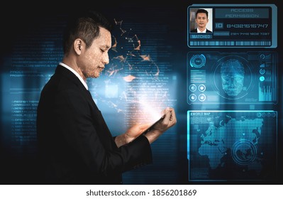 Facial recognition technology scan and detect people face for identification . Future concept interface showing digital biometric security system that analyze human face to verify personal data .