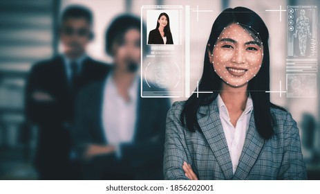 Facial recognition technology scan and detect people face for identification . Future concept interface showing digital biometric security system that analyze human face to verify personal data .