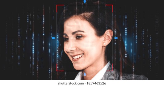 Facial Recognition Technology Scan And Detect People Face For Identification . Future Concept Interface Showing Digital Biometric Security System That Analyze Human Face To Verify Personal Data .