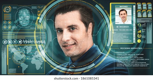 Facial recognition technology scan and detect people face for identification . Future concept interface showing digital biometric security system that analyze human face to verify personal data .