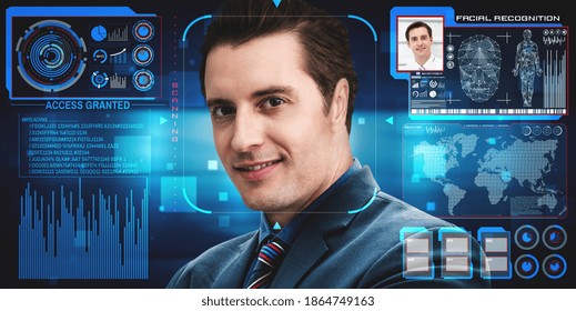 Facial Recognition Technology Scan And Detect People Face For Identification . Future Concept Interface Showing Digital Biometric Security System That Analyze Human Face To Verify Personal Data .