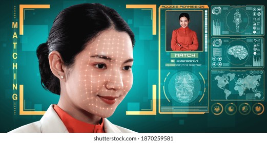 Facial recognition technology scan and detect people face for identification . Future concept interface showing digital biometric security system that analyze human face to verify personal data .