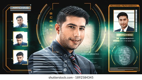 Facial recognition technology scan and detect people face for identification . Future concept interface showing digital biometric security system that analyze human face to verify personal data .