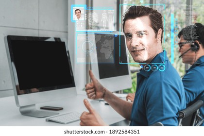 Facial recognition technology scan and detect people face for identification . Future concept interface showing digital biometric security system that analyze human face to verify personal data .