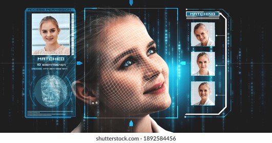 Facial Recognition Technology Scan And Detect People Face For Identification . Future Concept Interface Showing Digital Biometric Security System That Analyze Human Face To Verify Personal Data .