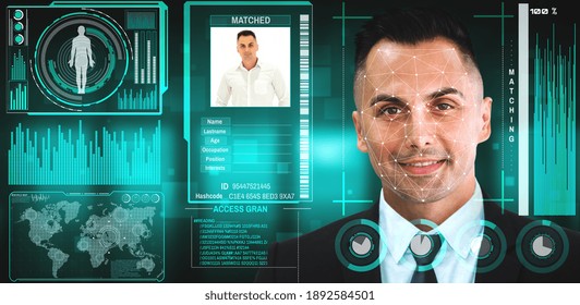 Facial recognition technology scan and detect people face for identification . Future concept interface showing digital biometric security system that analyze human face to verify personal data .