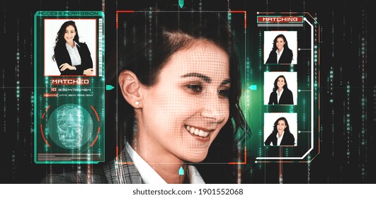 Facial Recognition Technology Scan And Detect People Face For Identification . Future Concept Interface Showing Digital Biometric Security System That Analyze Human Face To Verify Personal Data .