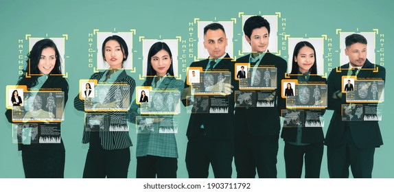 Facial recognition technology scan and detect people face for identification . Future concept interface showing digital biometric security system that analyze human face to verify personal data .