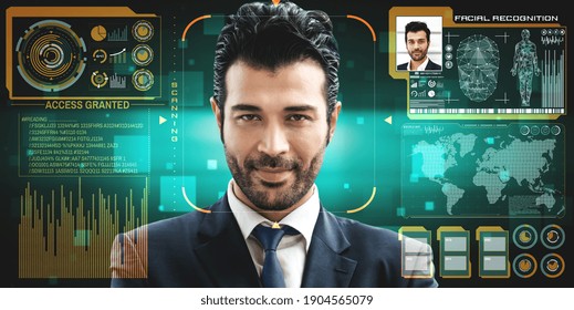 Facial Recognition Technology Scan And Detect People Face For Identification . Future Concept Interface Showing Digital Biometric Security System That Analyze Human Face To Verify Personal Data .