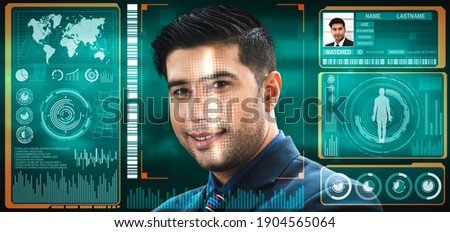 Facial recognition technology scan and detect people face for identification . Future concept interface showing digital biometric security system that analyze human face to verify personal data .