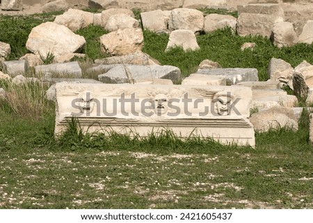 The facial relief carved on a rock to show the type of plays such as comedy, tragedy, etc. in the amphitheater of the  Castabala, which was an antique city dates back 2500 years