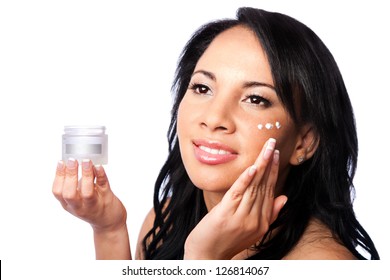 Facial skin Beauty treatment, beautiful face, skincare moisturizing rejuvenate exfoliating cream application, isolated.