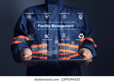 Facility management concept with engineer using tablet to show performance of technology applied on facility in the smart city such as security, maintenance, environment, conservation