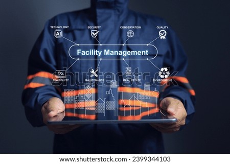 Facility management concept with engineer using tablet to show performance of technology applied on facility in the smart city such as security, maintenance, environment, conservation