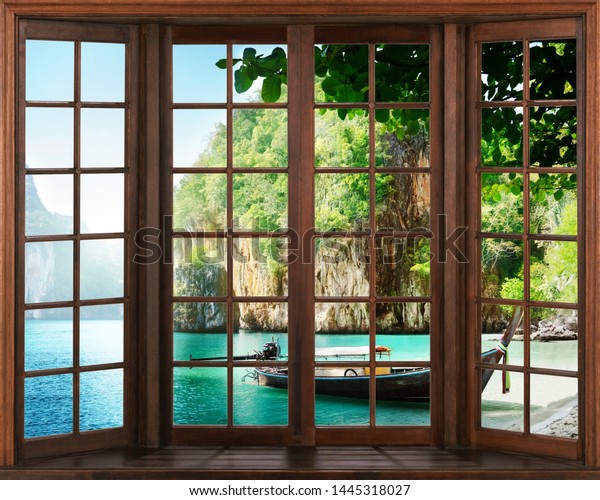 Facing the river, view from the window. 3d Wallpaper, painting window outdoors landscape woods river. 