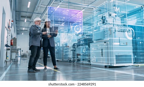 Factory Digitalization: Two Industrial Engineers Use Tablet Computer, AI Big Data Analysis. Visualization of High-Tech Facility into 3D Rendered Neural Network. Industry 4.0 Machinery Manufacturing - Powered by Shutterstock