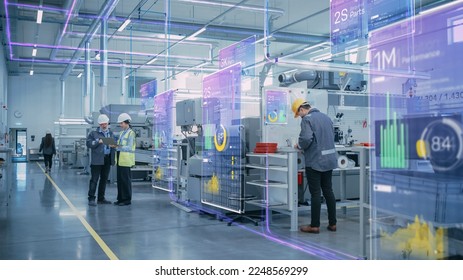 Factory Digitalization: Two Industrial Engineers Use Tablet Computer, Big Data Statistics Visualization, Optimization of High-Tech Electronics Facility. Industry 4.0 Machinery Manufacturing Products - Shutterstock ID 2248569299