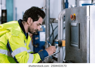 Factory engineer operate control machine check list writing value from control panel monitor temperature of water boiler in factory.