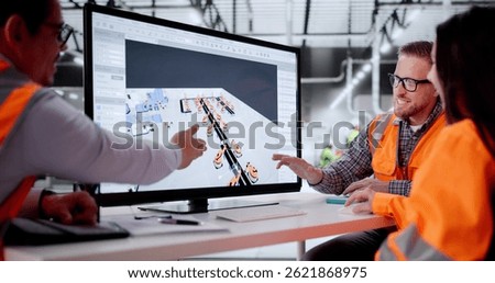 Factory Engineers Using AI Software Map Machinery Layout At New Facility.