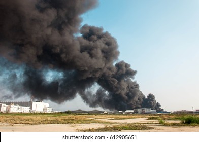 Factory Fire Burning With Black Smoke