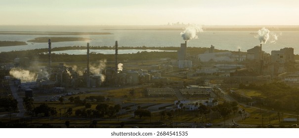 Factory for handling and processing of phosphates emitting toxic vapors polluting air. Mosaic Riverview Plant in Tampa, Florida. Industrial facility for chemical production of phosphoric acid
