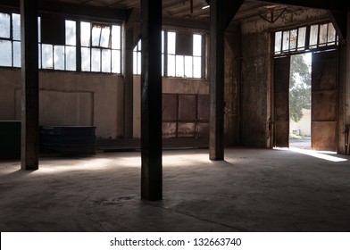 Factory, Inside Or Interior Of An Abandoned Old Factory Or Warehouse. 