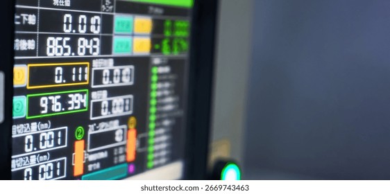 Factory machine control panel screen. Japanese translation:"Current Value","shaft","Cutting amount","Grinding volume","Spark out count","Error Warning"