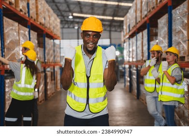 Factory manager, foreman worker checking stock inventory on good shelf in delivery storehouse of logistic storage warehouse, shipping distribution business, package box industry job for retail market