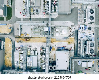 Factory Oil and Gas Refinery. Modern Fuel Energy Factory. Aerial Top View Industrial Site. Industrial Background.