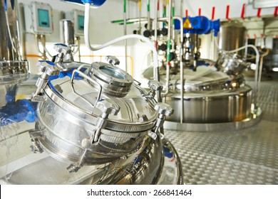 factory with pharmaceutical equipment mixing tank on production line in pharmacy industry manufacture factory