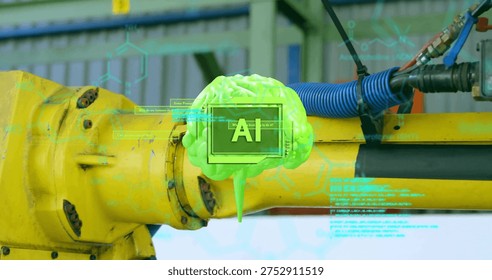 Factory robot joint receiving sensor input, showing neon AI brain holo with cyan UI for diagnostics. Robotic, arm, holographic, interface, diagnostic, industrial, manufacturing - Powered by Shutterstock - Get 15% off with code: PIKWIZARD15